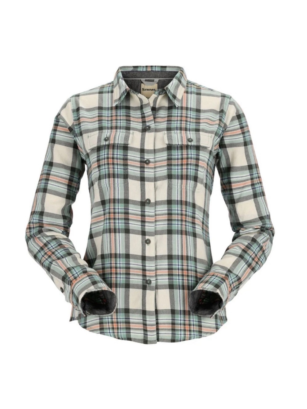 Simms Woman’s Santee Flannel Shirt Sea Foam Camp Plaid Size L/G